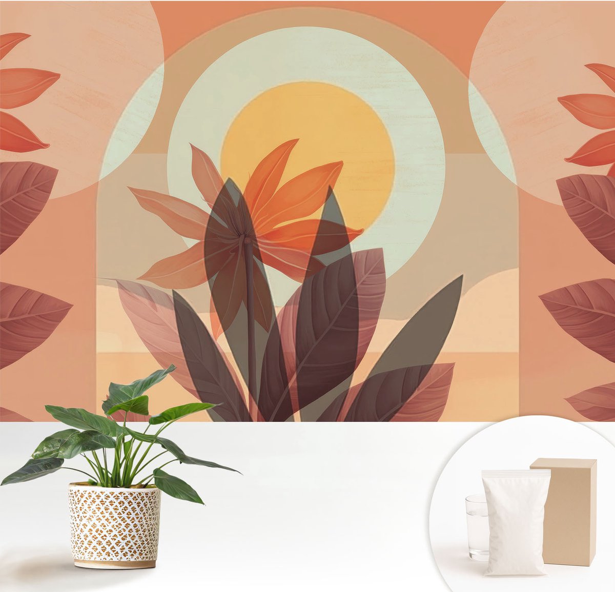 Wallfluent Fotobehang - Oranje Vliesbehang - 152x104 cm - Bloemabstractie Muurschildering - Gang behang Deel - Fotobehang Vlies - Gang behang