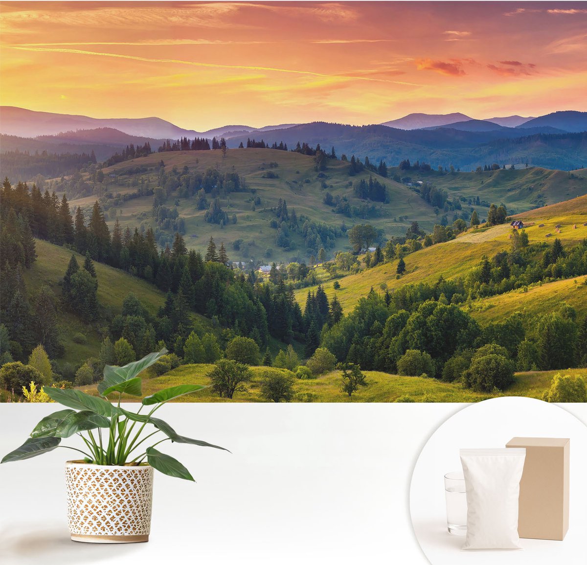 Wallfluent Fotobehang - Geel Vliesbehang - 152x104 cm - Berglandschap Muurschildering - Gang behang Landschappen - Fotobehang Vlies - Gang behang