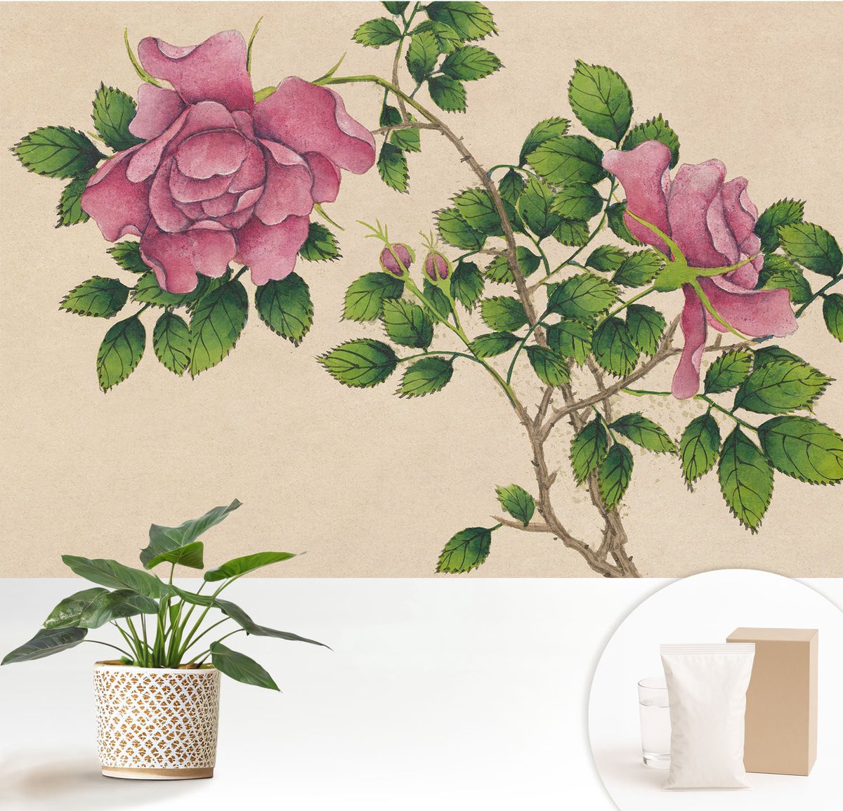 Wallfluent Fotobehang - Beige Vliesbehang - 152x104 cm - Romantische Rozen Fotobehang Vlies - Hal behang Bloemen En Planten - Muurschildering - Woonkamer behang