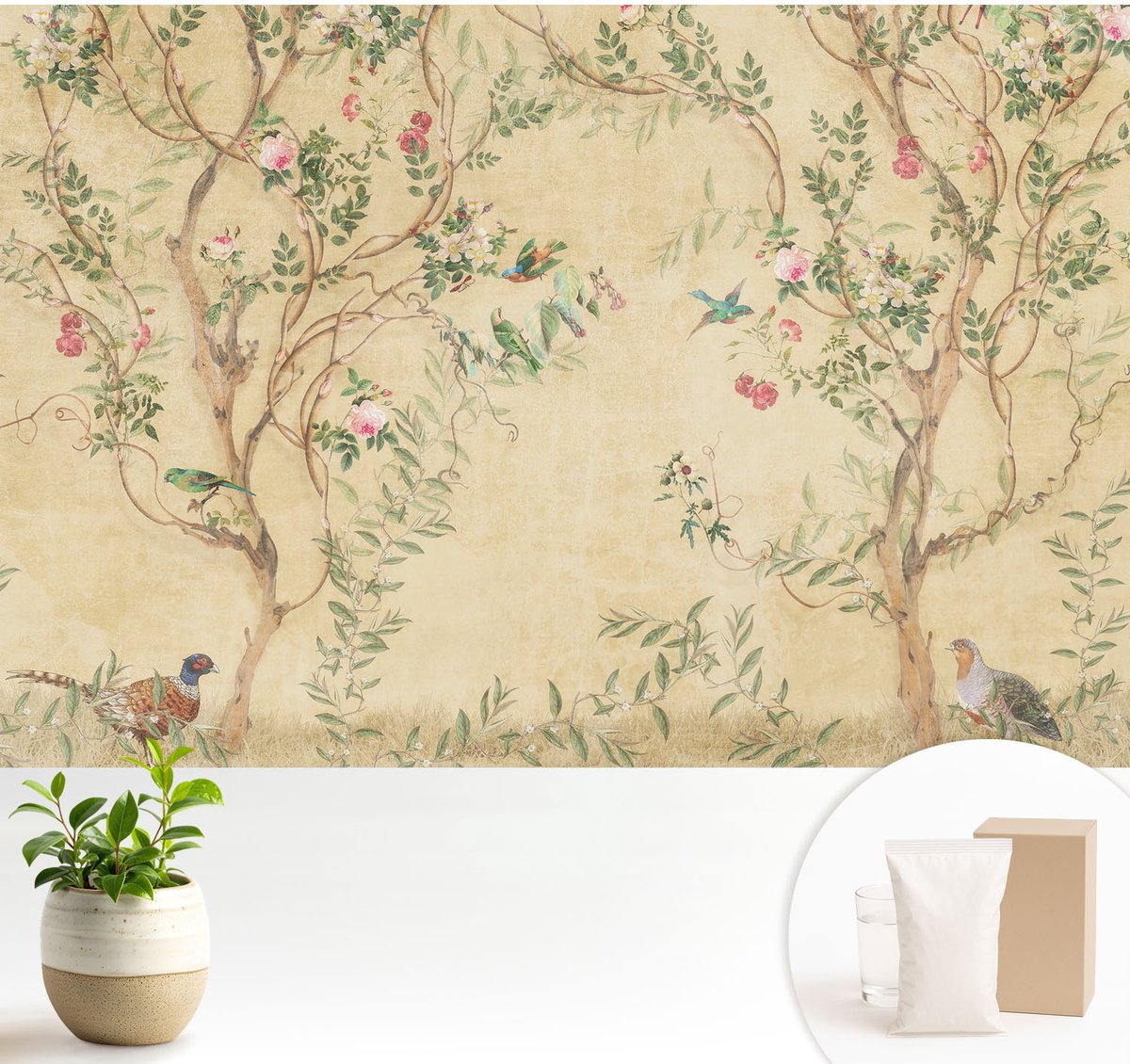 Wallfluent Fotobehang - Beige Vliesbehang - 104x70 cm - Bloemaccenten Muurschildering - Slaapkamer behang Bloemen En Planten - Fotobehang Vlies - Gang behang