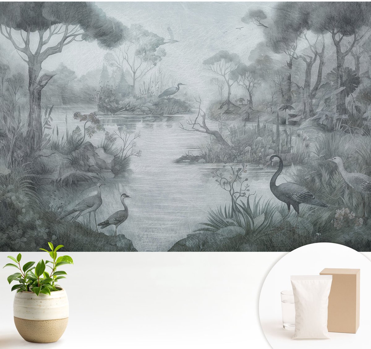 Wallfluent Fotobehang - Grijs Vliesbehang - 104x70 cm - Natuurlandschap Muurschildering - Slaapkamer behang Landschappen - Fotobehang Vlies - Slaapkamer behang