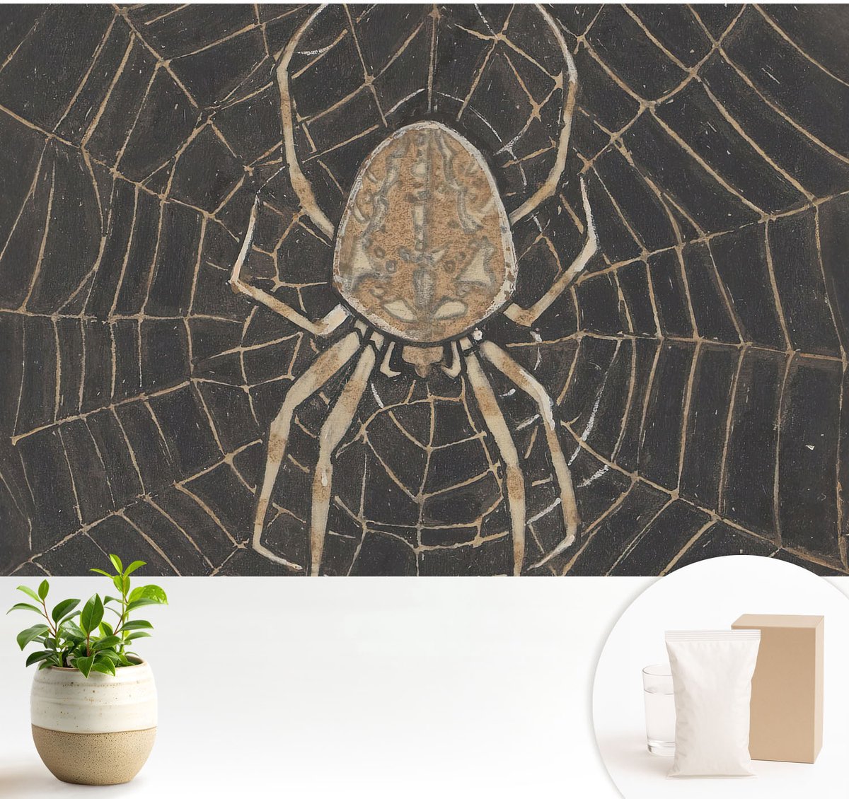 Wallfluent Fotobehang - Zwart Vliesbehang - 104x70 cm - Spinnenweb Fotobehang Vlies - Woonkamer behang Dieren - Muurschildering - Woonkamer behang