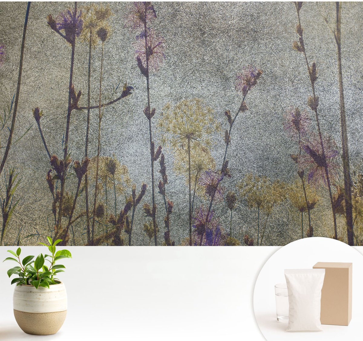 Wallfluent Fotobehang - Grijs Vliesbehang - 104x70 cm - Wilde Bloemen Muurschildering - Gang behang Bloemen En Planten - Fotobehang Vlies - Gang behang