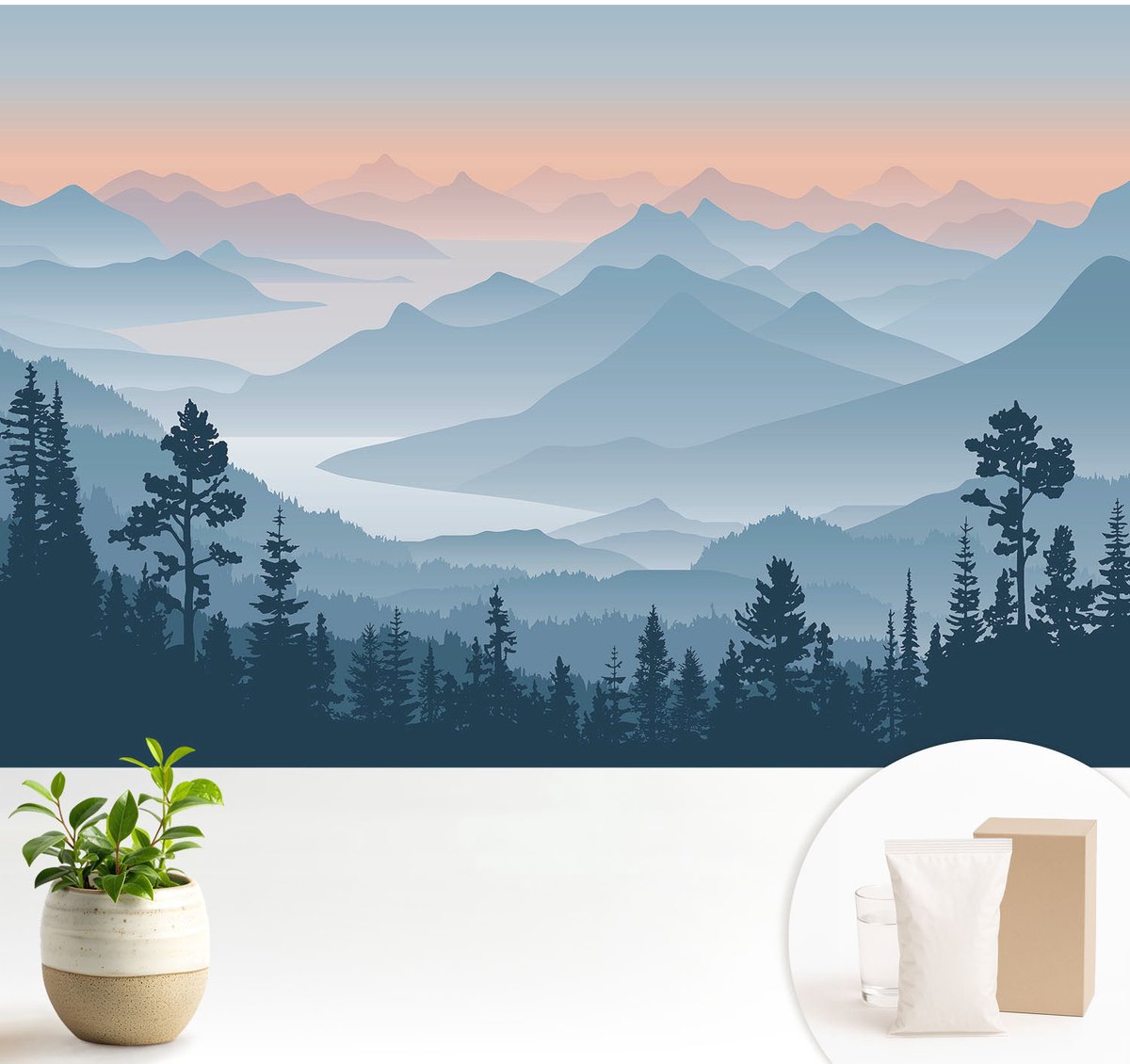 Wallfluent Fotobehang - Zwart Vliesbehang - 104x70 cm - Bergpanorama Fotobehang Vlies - Hal behang Landschappen - Muurschildering - Woonkamer behang