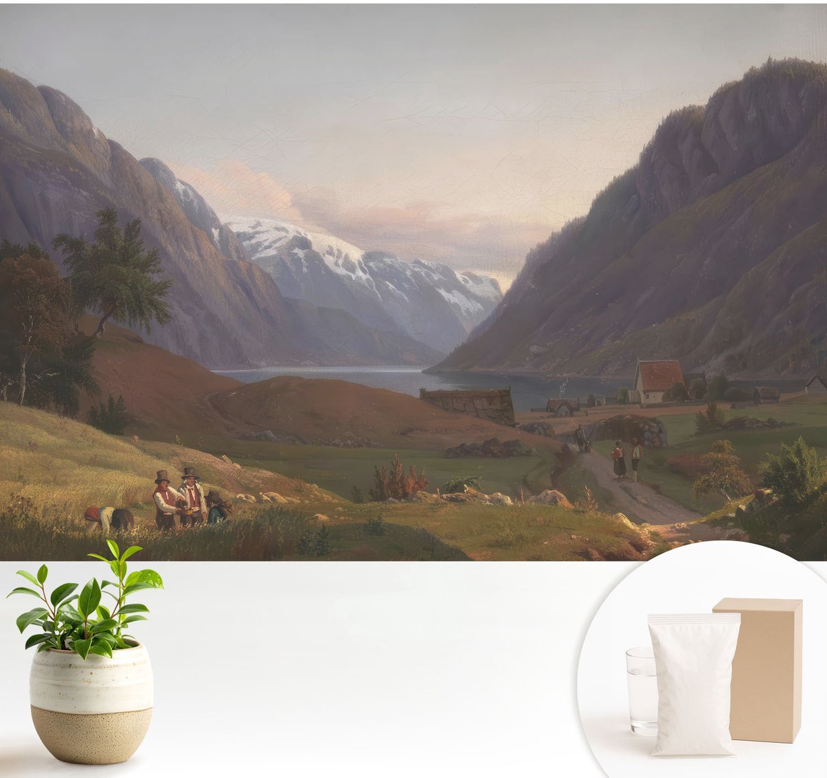 Wallfluent Fotobehang - Wit Vliesbehang - 104x70 cm - Bergpanorama Fotobehang Vlies - Woonkamer behang Landschappen - Muurschildering - Woonkamer behang