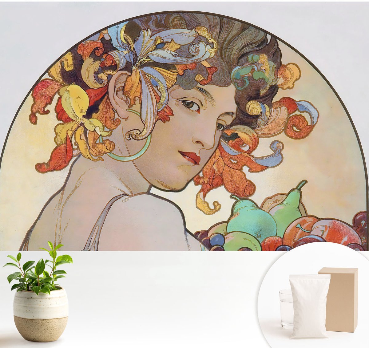 Wallfluent Fotobehang - Beige Vliesbehang - 104x70 cm - Kleurrijke Art Nouveau Fotobehang Vlies - Woonkamer behang Deel - Muurschildering - Hal behang