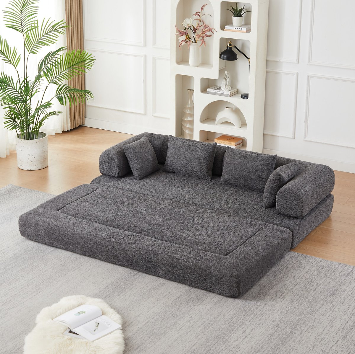 MODENUIT Slaapbank 200 x 95 x 68 cm - 4-in-1 Met Verstelbare Rugleuning - Woonkamer - Chenille - Grijs