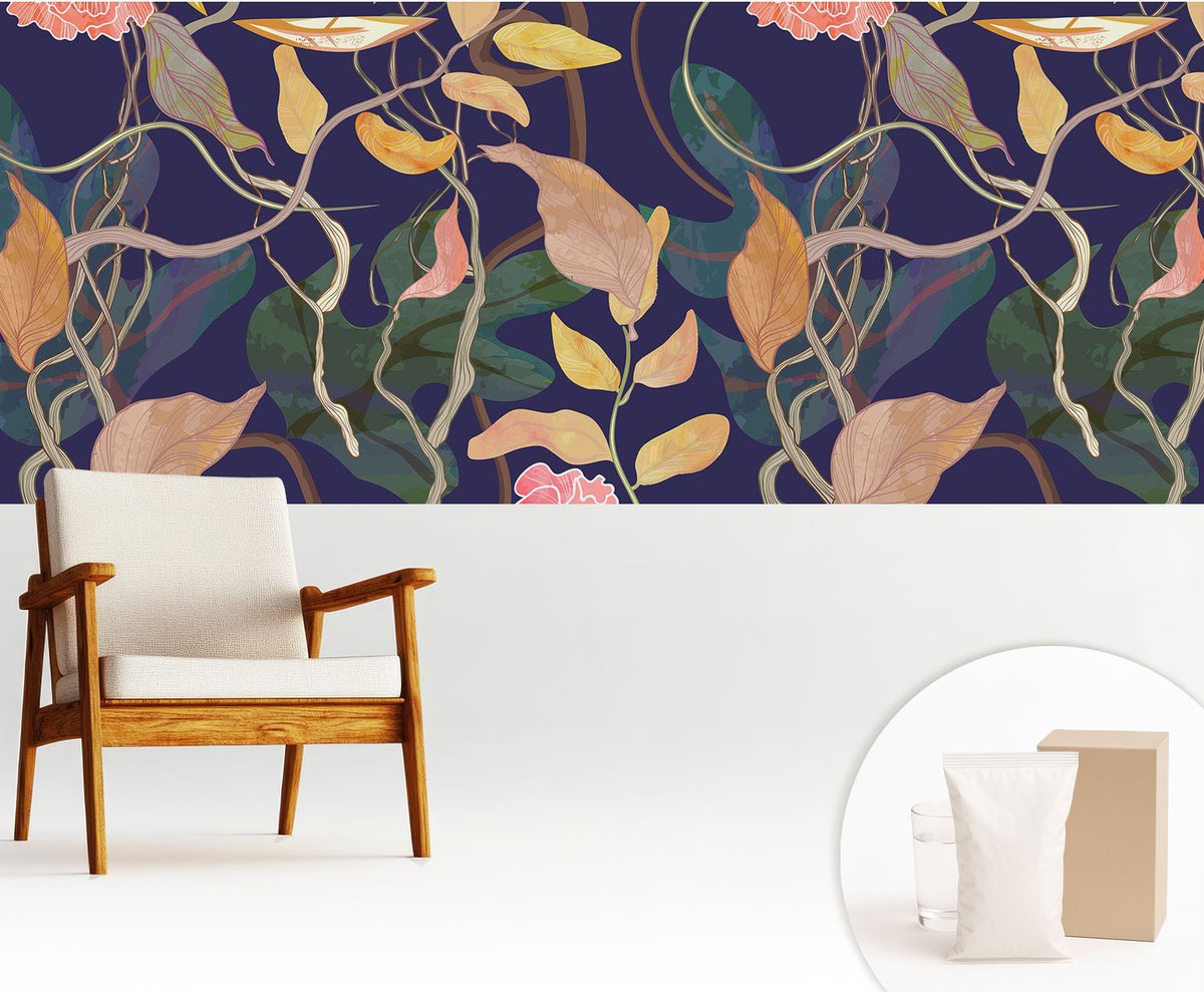 Wallfluent Fotobehang - Wit Vliesbehang - 250x104 cm - Plantaardige Elegantie Fotobehang Vlies - Woonkamer behang Bloemen En Planten - Muurschildering - Woonkamer behang