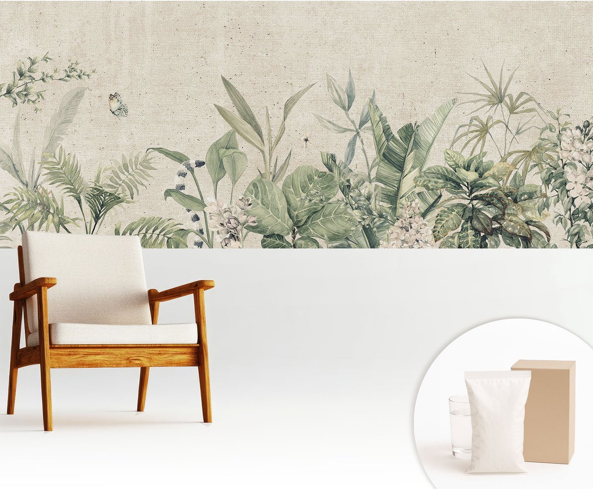 Wallfluent Fotobehang - Beige Vliesbehang - 250x104 cm - Tropische Jungle Fotobehang Vlies - Hal behang Bloemen En Planten - Muurschildering - Hal behang
