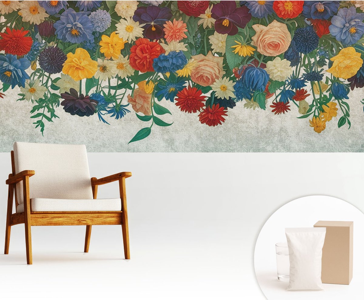 Wallfluent Fotobehang - Zwart Vliesbehang - 250x104 cm - Kleurrijke Bloemen Muurschildering - Slaapkamer behang Bloemen En Planten - Fotobehang Vlies - Slaapkamer behang