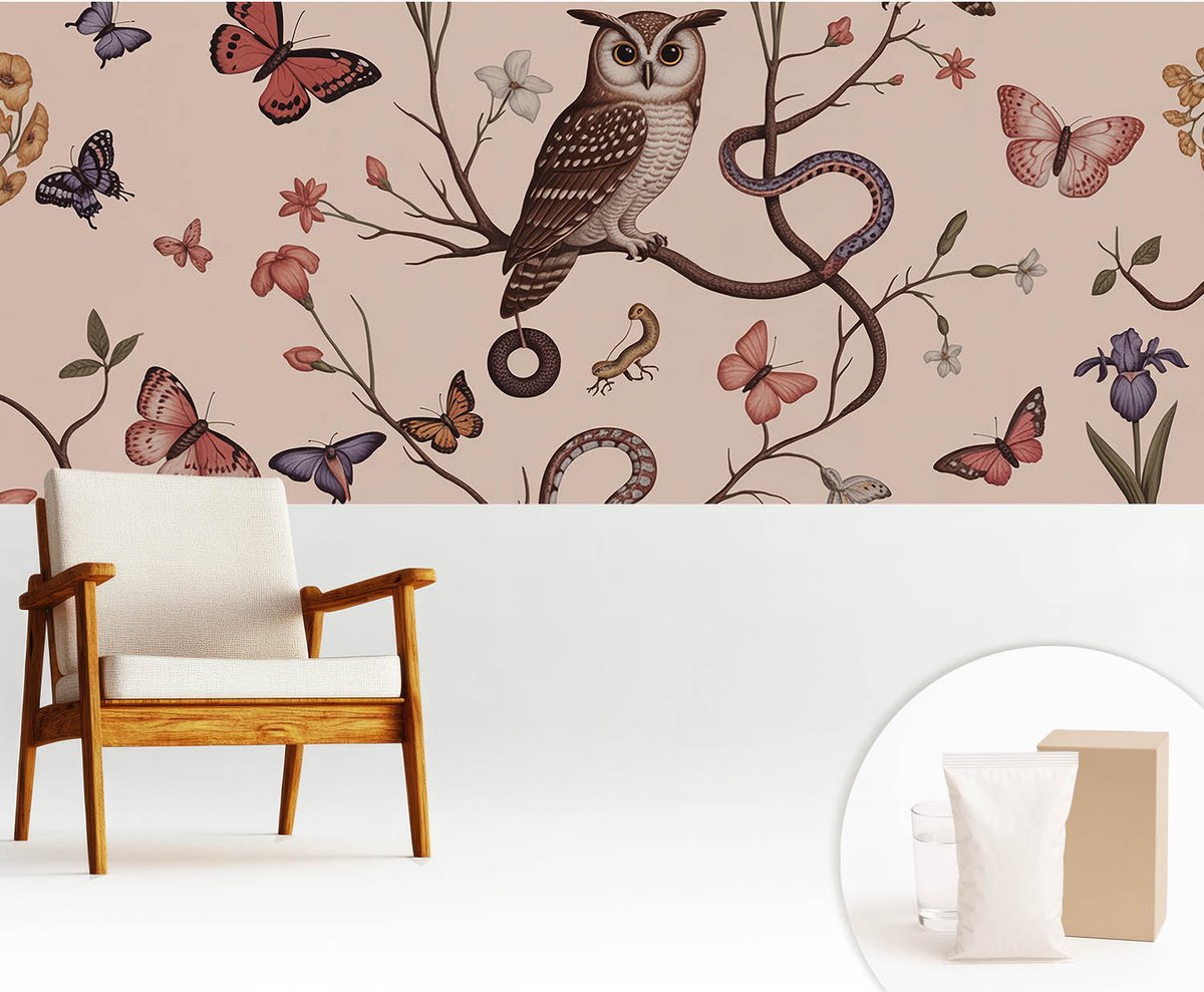 Wallfluent Fotobehang - Beige Vliesbehang - 250x104 cm - Uil Natuur Fotobehang Vlies - Woonkamer behang Bloemen En Planten - Muurschildering - Woonkamer behang