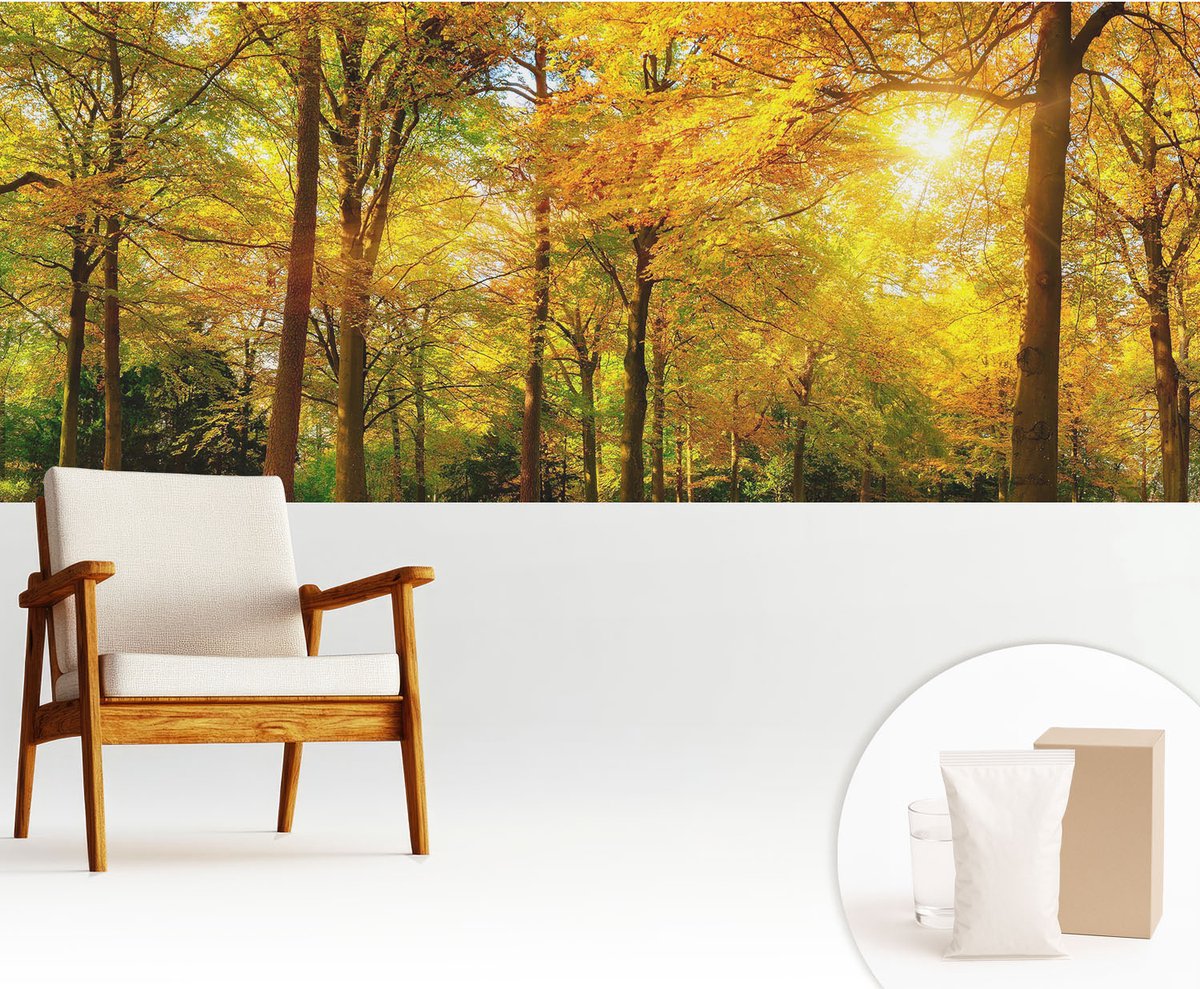 Wallfluent Fotobehang - Geel Vliesbehang - 250x104 cm - Gouden Bladeren Fotobehang Vlies - Woonkamer behang Landschappen - Muurschildering - Hal behang