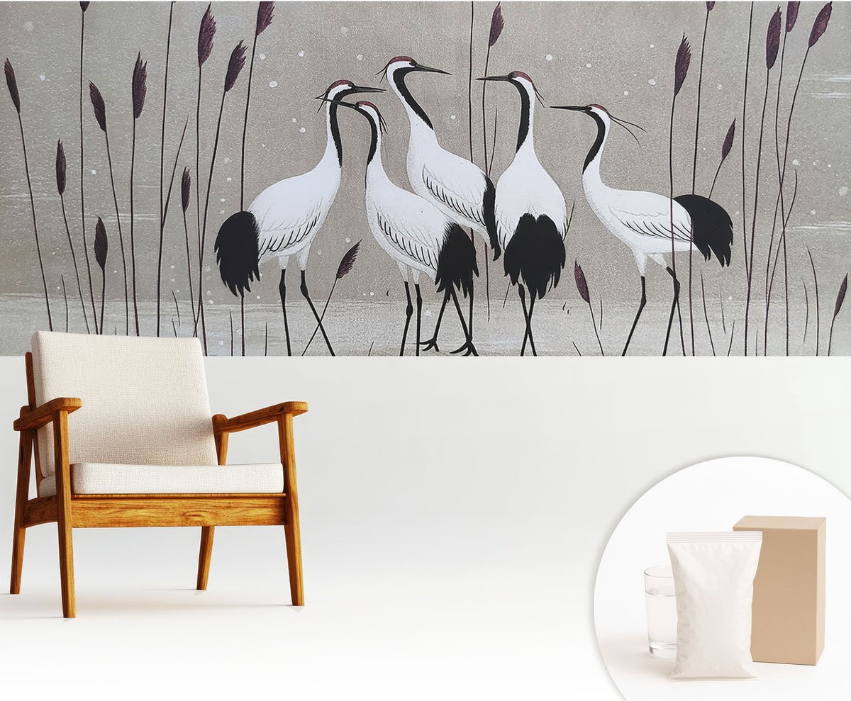Wallfluent Fotobehang - Grijs Vliesbehang - 250x104 cm - Een Zwerm Kraanvogels Muurschildering - Gang behang Dieren - Fotobehang Vlies - Gang behang