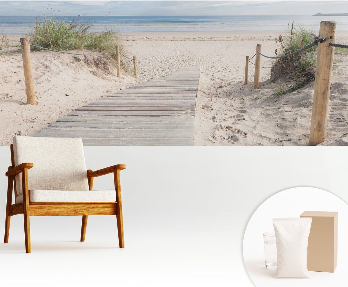Wallfluent Fotobehang - Wit Vliesbehang - 250x104 cm - Houten Loopbrug Muurschildering - Slaapkamer behang Landschappen - Fotobehang Vlies - Slaapkamer behang