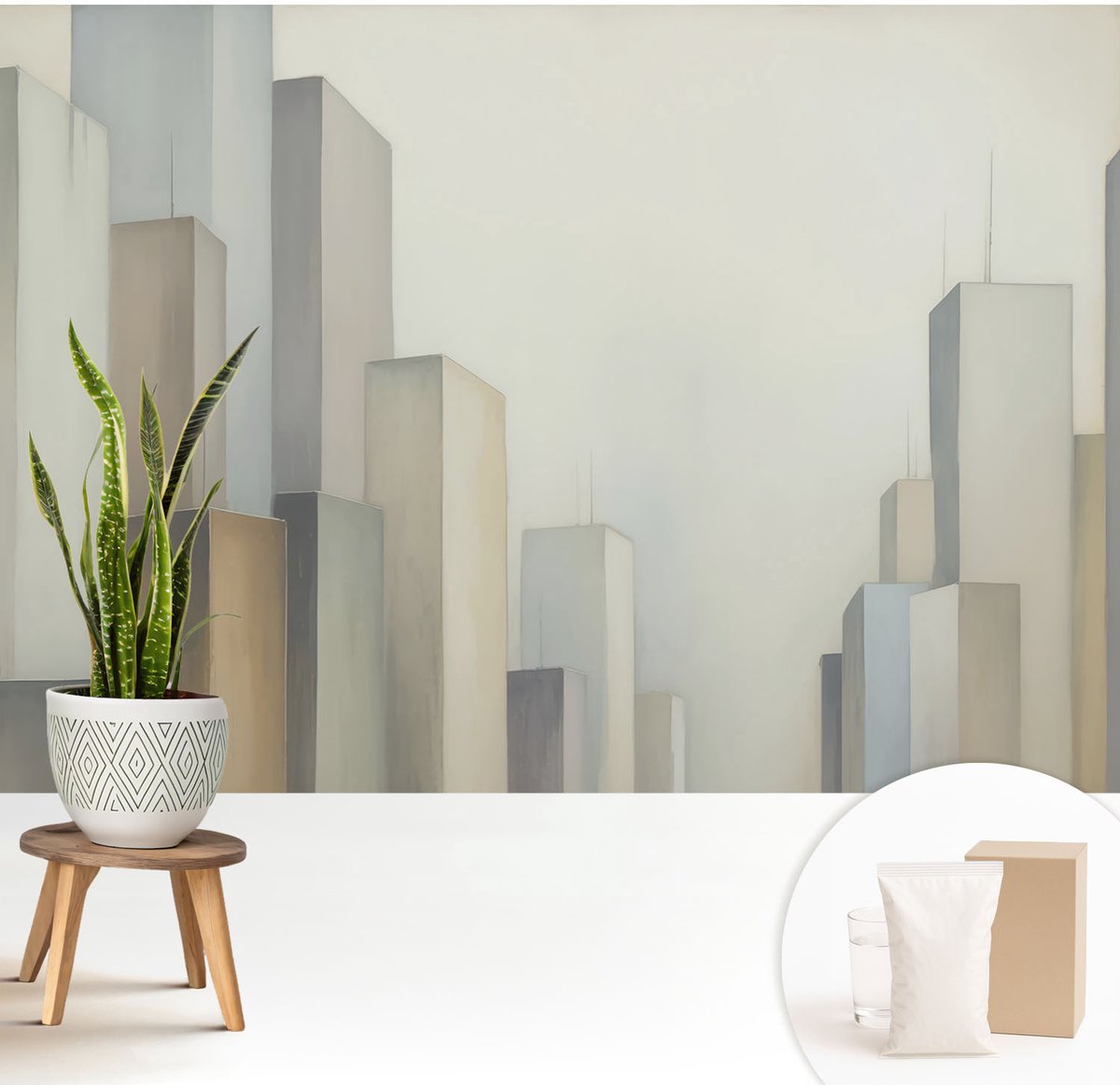 Wallfluent Fotobehang - Grijs Vliesbehang - 208x146 cm - Stadswolkenkrabbers Muurschildering - Slaapkamer behang Architectuur - Fotobehang Vlies - Slaapkamer behang