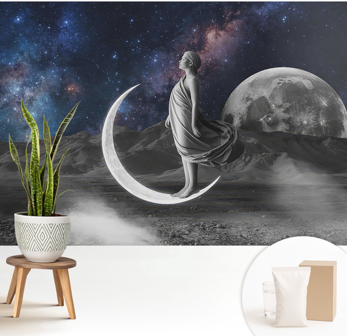 Wallfluent Fotobehang - Zwart-Wit Vliesbehang - 208x146 cm - Nachtdromen Fotobehang Vlies - Hal behang Kosmos - Muurschildering - Woonkamer behang