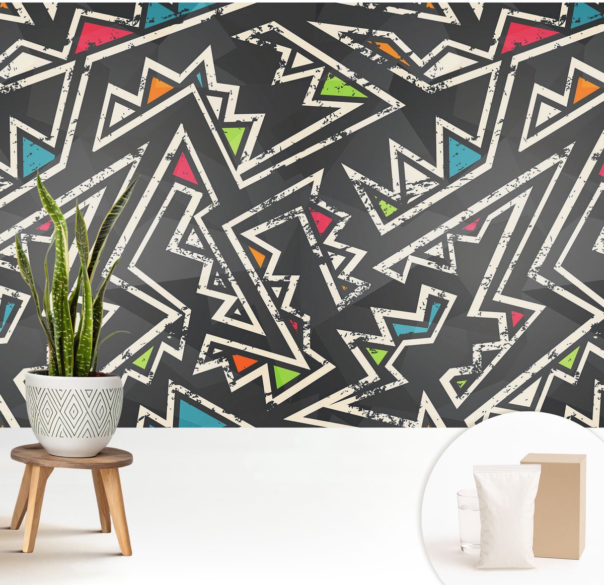 Wallfluent Fotobehang - Zwart Vliesbehang - 208x146 cm - Energetische Geometrie Fotobehang Vlies - Hal behang Abstractie - Muurschildering - Woonkamer behang