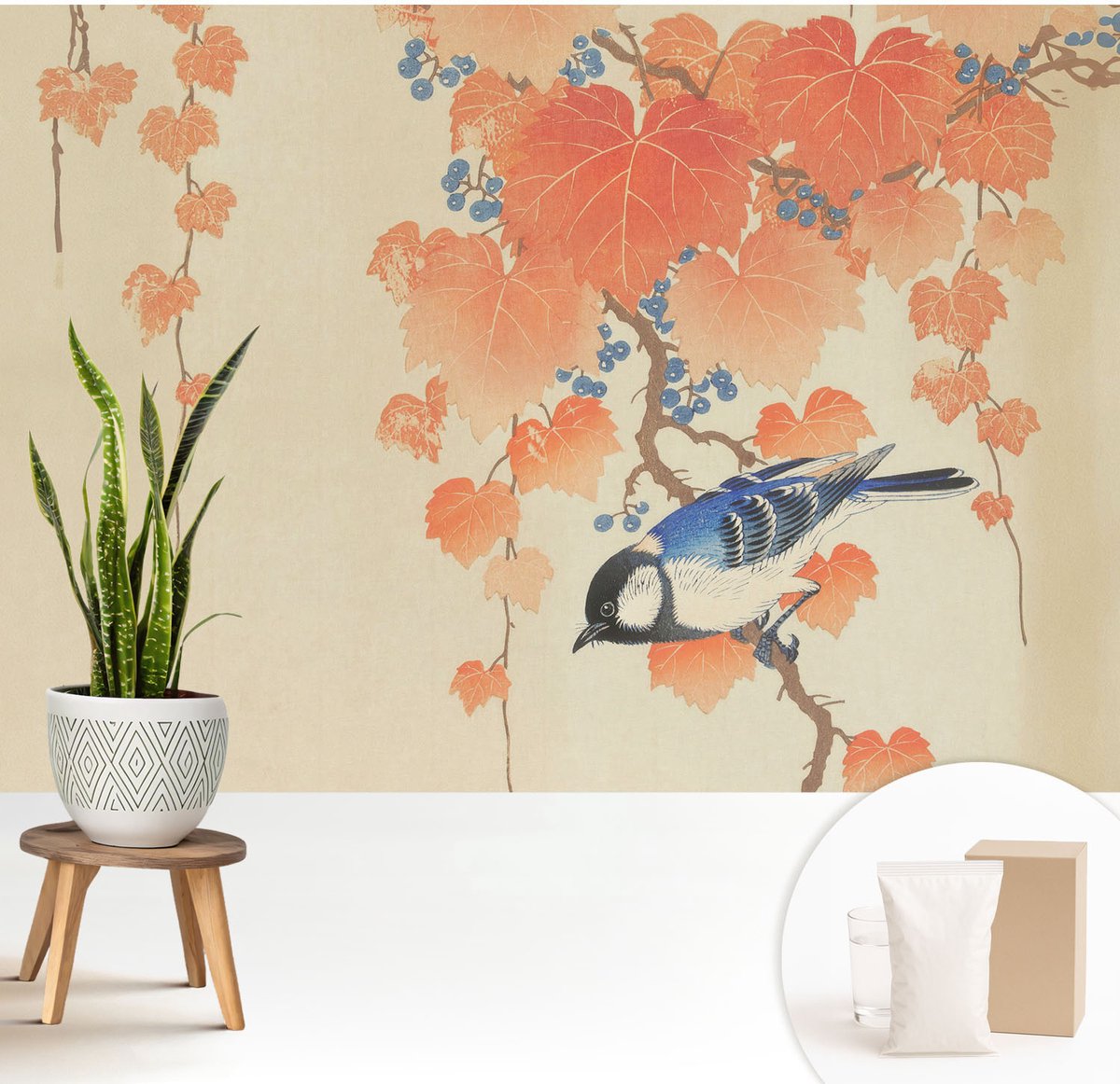 Wallfluent Fotobehang - Beige Vliesbehang - 208x146 cm - Wijnharmonie Muurschildering - Slaapkamer behang Dieren - Fotobehang Vlies - Slaapkamer behang