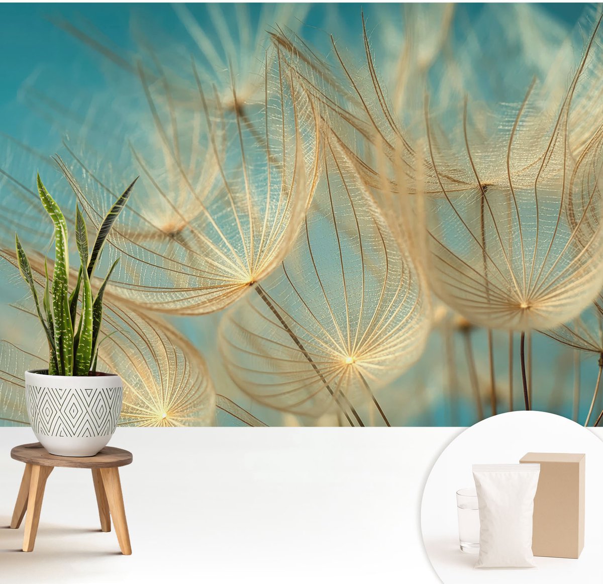 Wallfluent Fotobehang - Beige Vliesbehang - 208x146 cm - Etherische Paardenbloemen Fotobehang Vlies - Woonkamer behang Bloemen En Planten - Muurschildering - Woonkamer behang