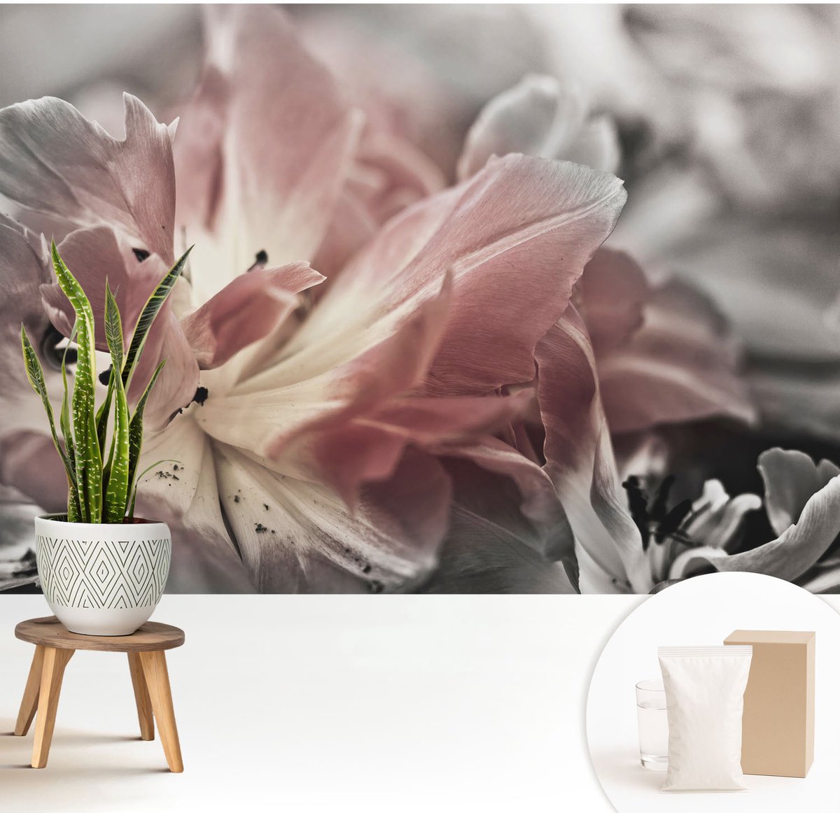 Wallfluent Fotobehang - Grijs Vliesbehang - 208x146 cm - Pastelkleurige Bloem Fotobehang Vlies - Woonkamer behang Bloemen En Planten - Muurschildering - Woonkamer behang
