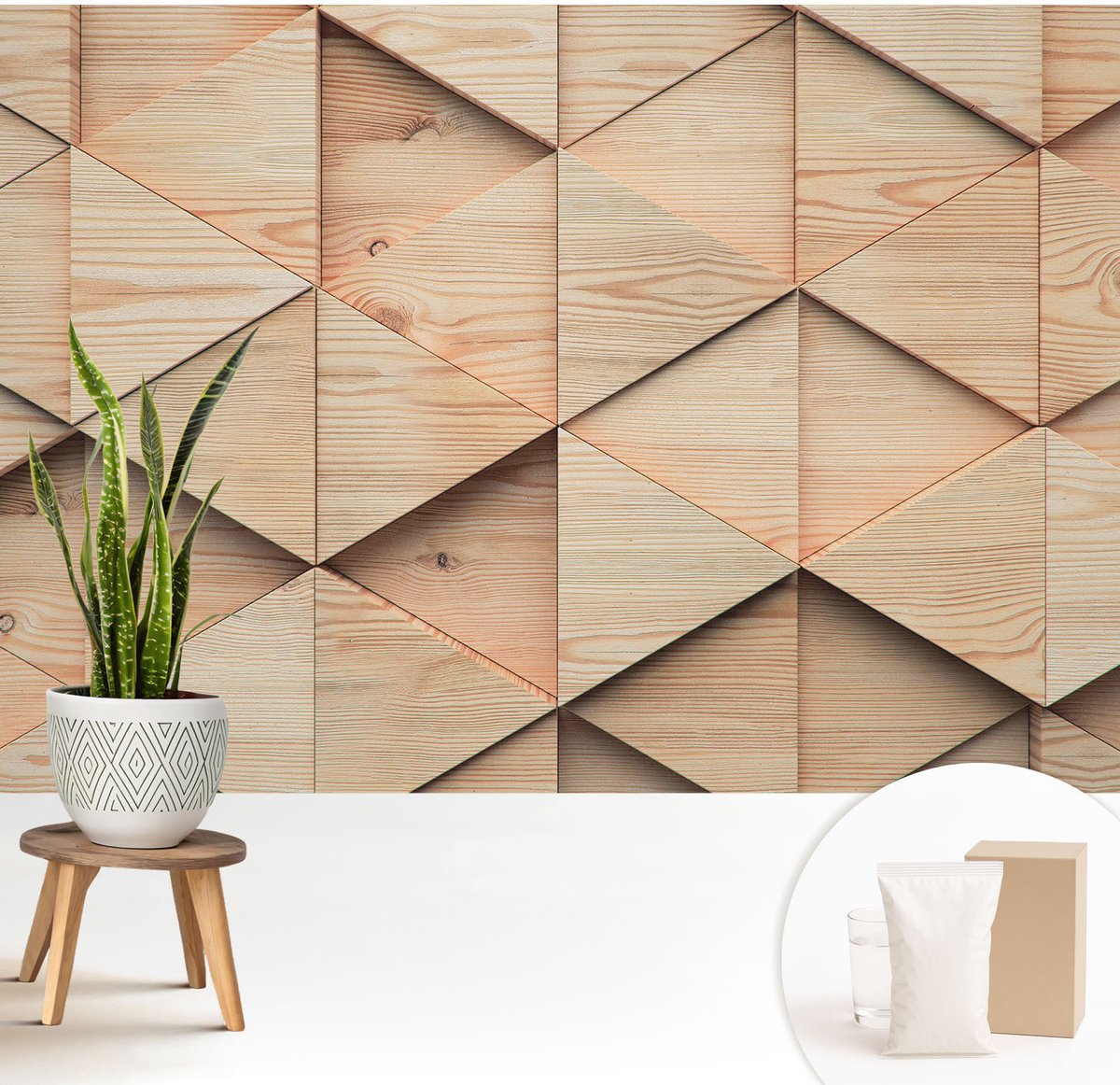 Wallfluent Fotobehang - Beige Vliesbehang - 208x146 cm - Houten Mozaïek Fotobehang Vlies - Hal behang Texturen - Muurschildering - Hal behang