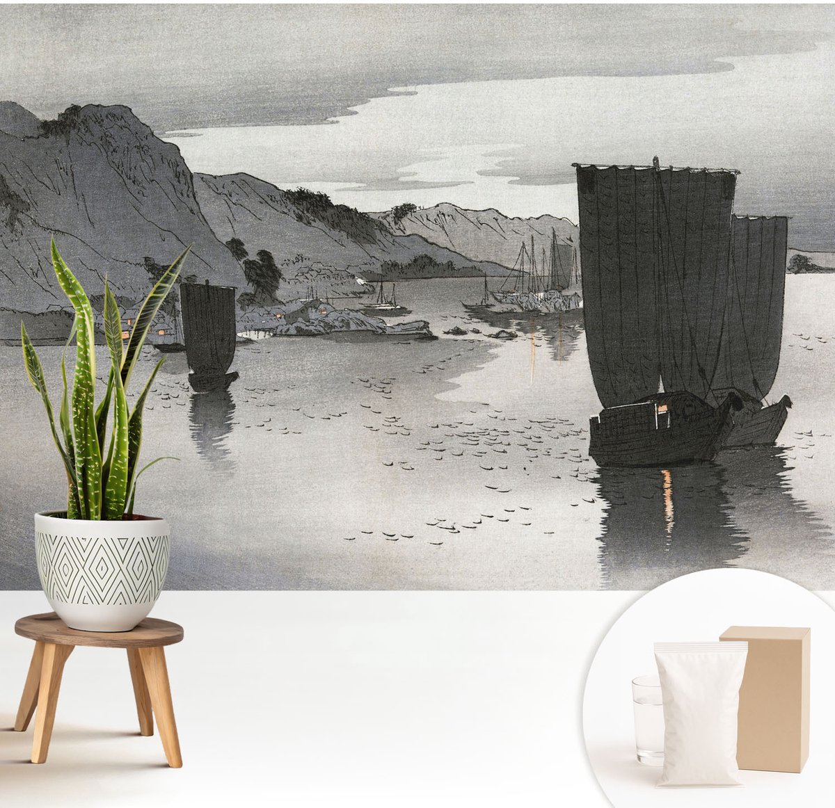 Wallfluent Fotobehang - Grijs Vliesbehang - 208x146 cm - Avondbaai Muurschildering - Gang behang Landschappen - Fotobehang Vlies - Gang behang