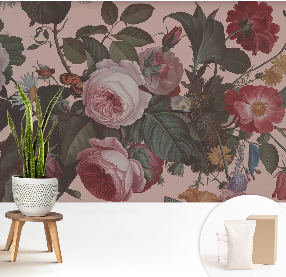 Wallfluent Fotobehang - Roze Vliesbehang - 208x146 cm - Bloemige Elegantie Fotobehang Vlies - Woonkamer behang Bloemen En Planten - Muurschildering - Hal behang
