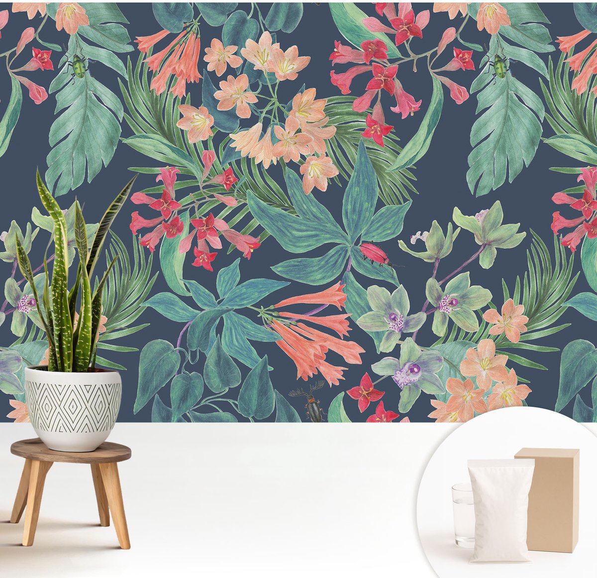 Wallfluent Fotobehang - Marine Vliesbehang - 208x146 cm - Tropische Bloemen Muurschildering - Gang behang Bloemen En Planten - Fotobehang Vlies - Slaapkamer behang