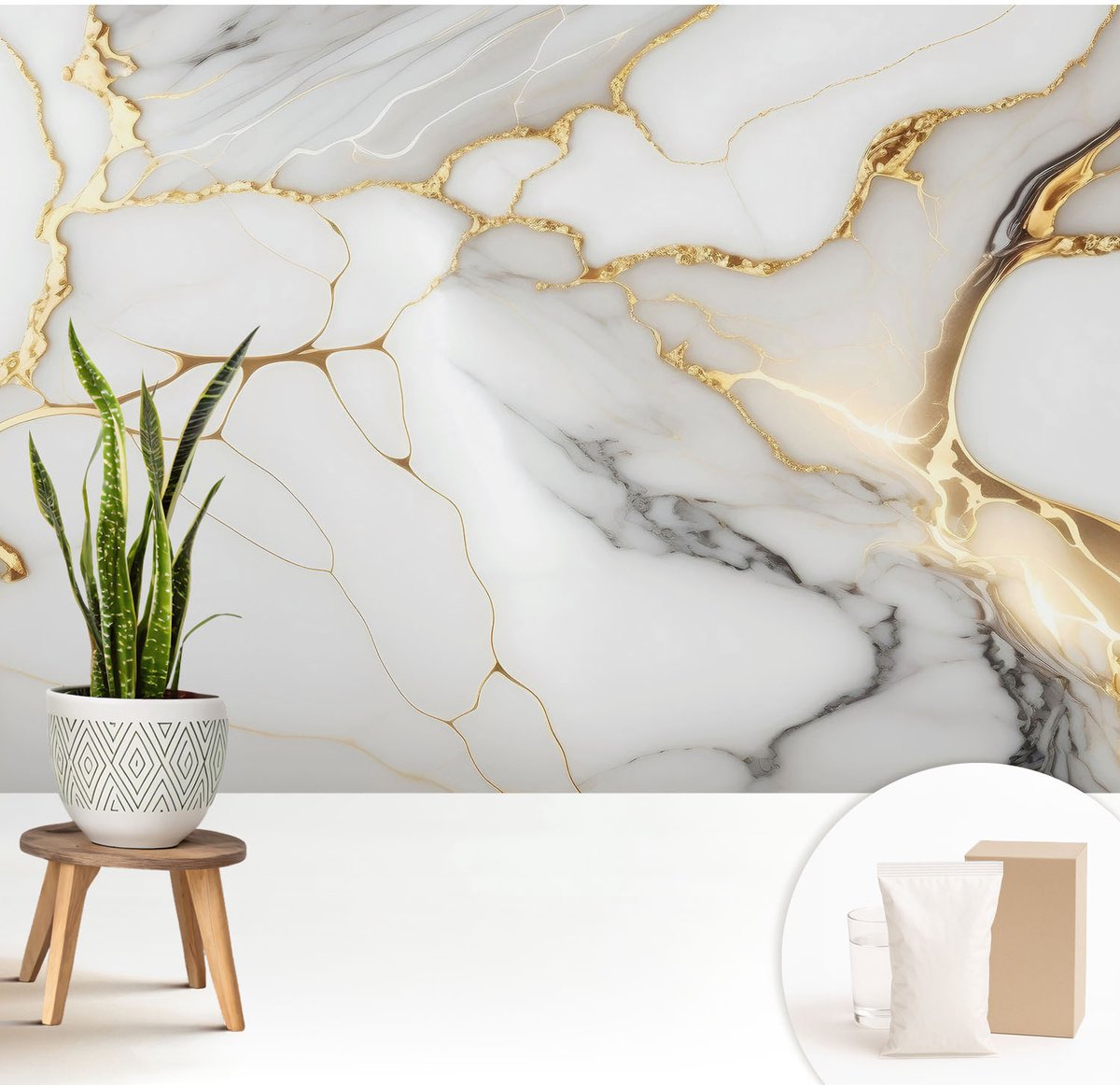 Wallfluent Fotobehang - Wit Vliesbehang - 208x146 cm - Marmeren Elegantie Muurschildering - Slaapkamer behang Teksten - Fotobehang Vlies - Slaapkamer behang