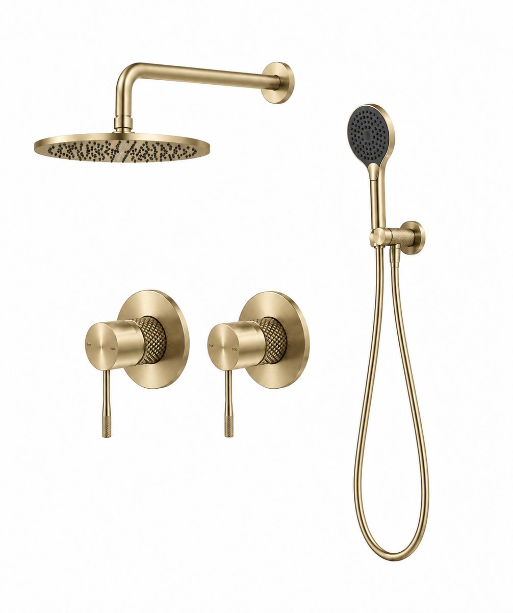 Owen & Finch Inbouw Regendoucheset Compleet | Ø 300mm | Hoofddouche & Handdouche | Geborsteld Champagne Goud PVD