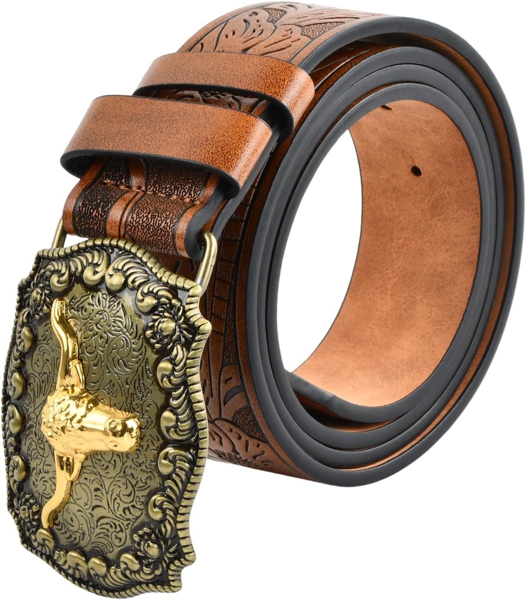 Western Cowboy Cowgirl Leather Belt, Mens Cowboy Belt, Western Belts for Men Women with Engraved Flowers Bull Head - ShopVlot