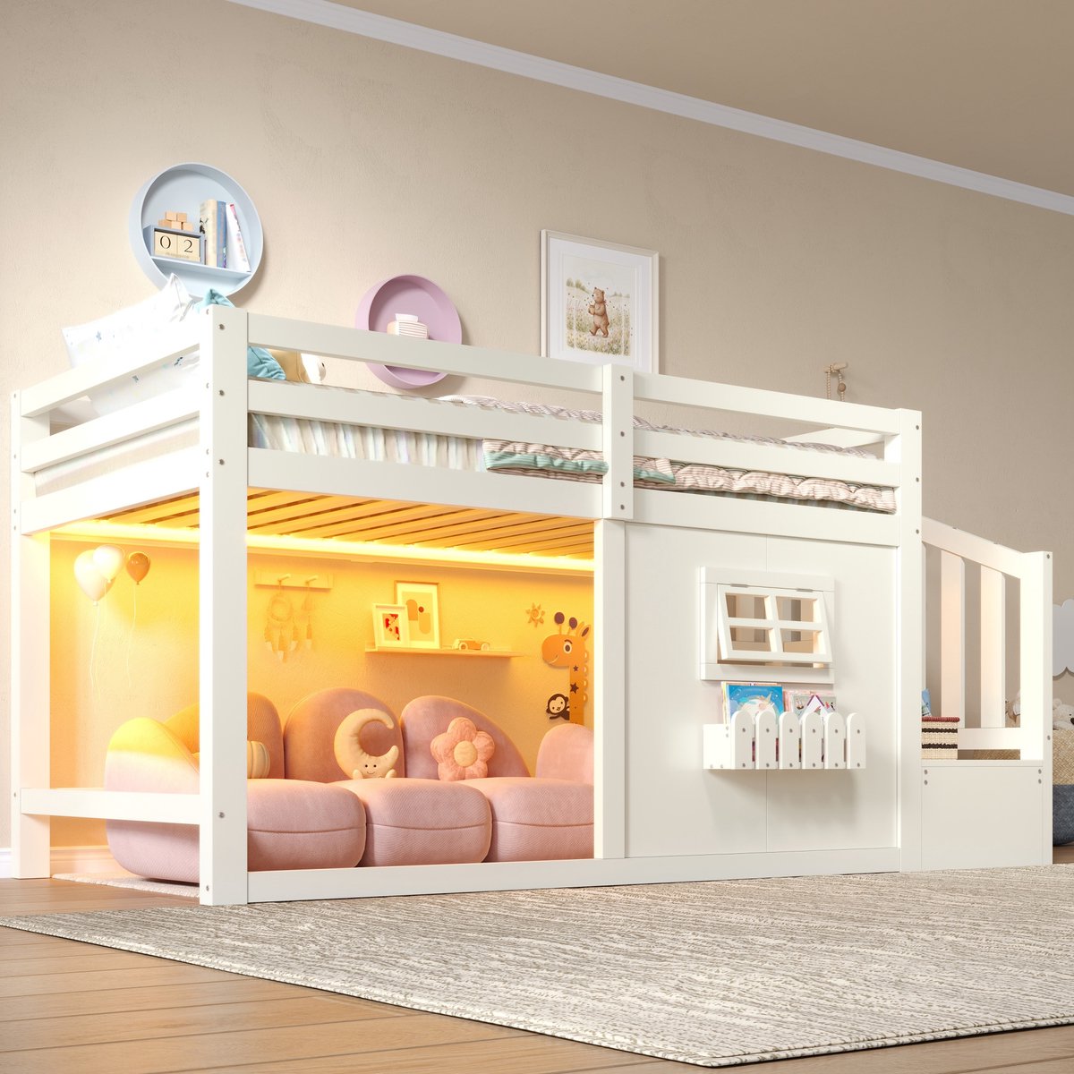 DESMIU Hoogslaper 90 x 200 cm – LEDverlichting En Opbergtrap – Raamdesign Met Uitvalbeveiliging – Kinderkamer – Hout En MDF – Wit – Zonder Matras