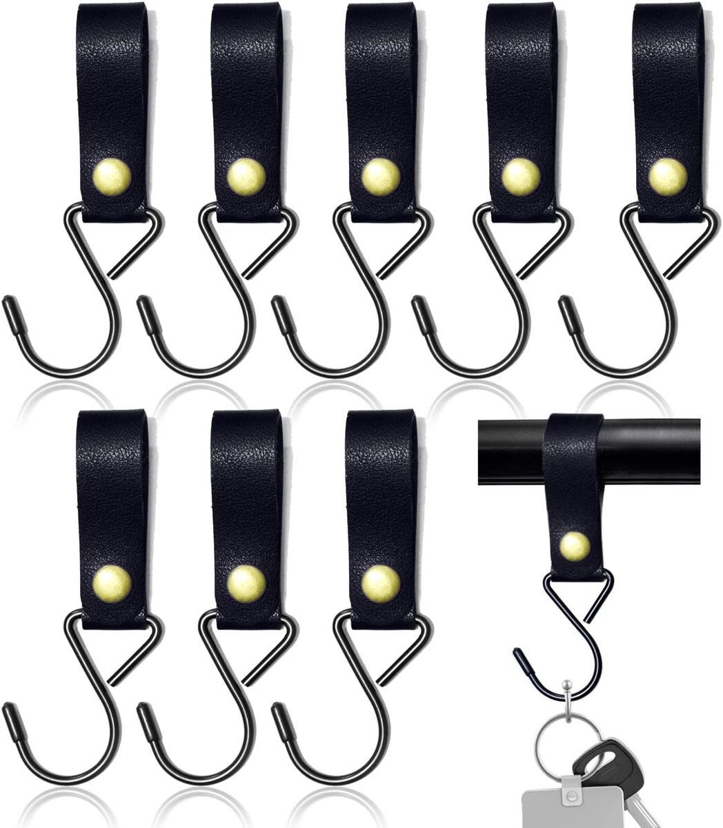 8 Pcs Leather S Hooks, S Shaped Hooks for Hanging, Camping Hook Hanger Stroller Hooks, Leather Hooks for Coat Towel - ShopVlot