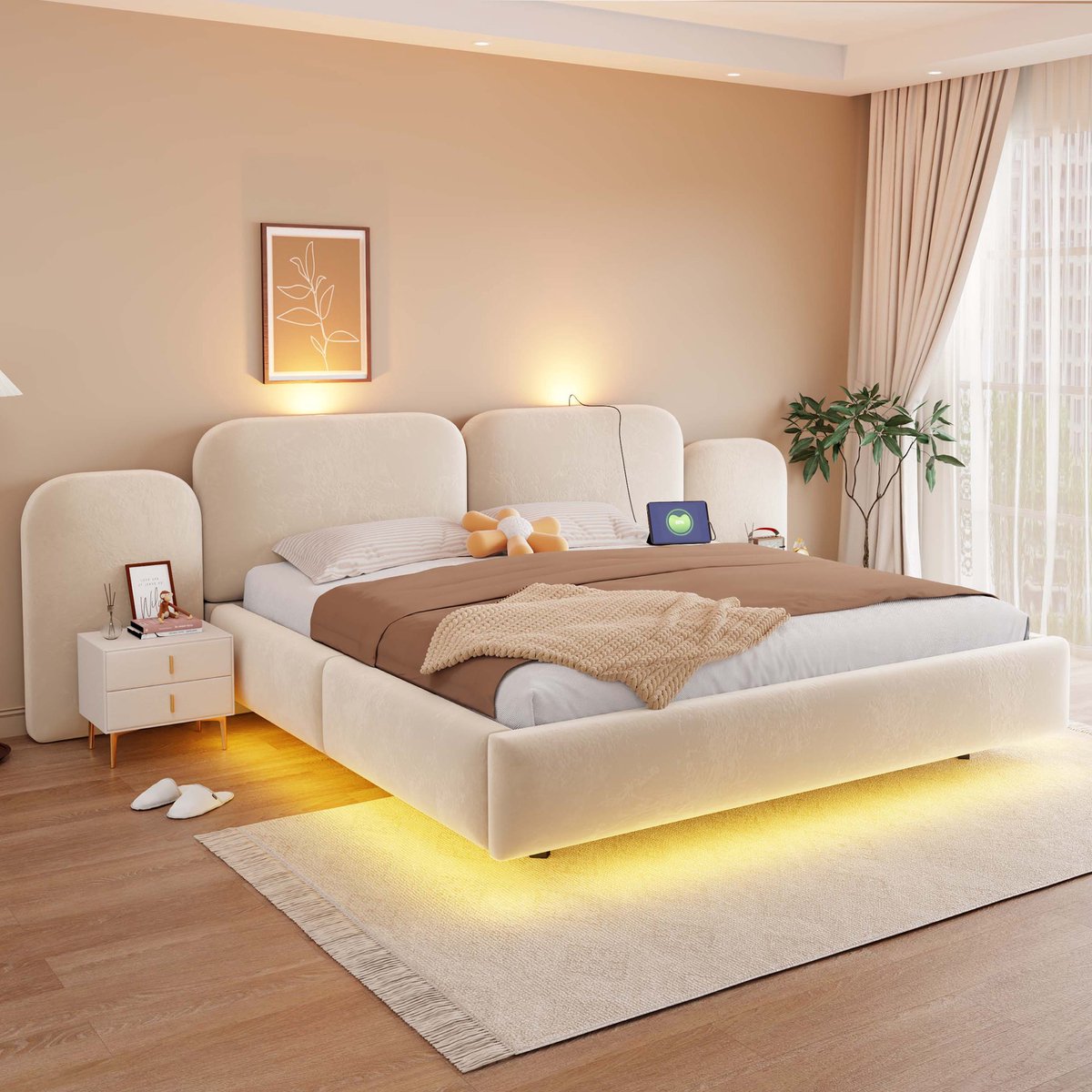 DESMIU Gestoffeerd Bed 180x200 cm – Hydraulische Opbergruimte – RGB Ledverlichting Met USB en Type-C – Fluwelen Tweepersoonsbed – Beige – Zonder Matras