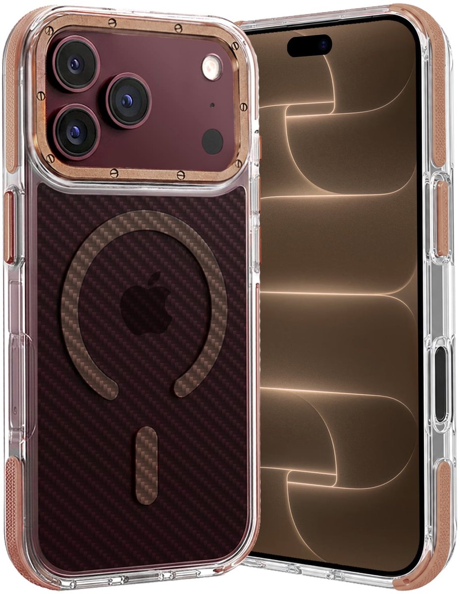 Hoes - Geschikt voor Apple iPhone 18 Pro Max - Magsafe Compatible - Carbon Look - Sterk & Shockproof - Back Cover - Shock Proof Case - Telefoon Hoesje Shockproof - Bruin