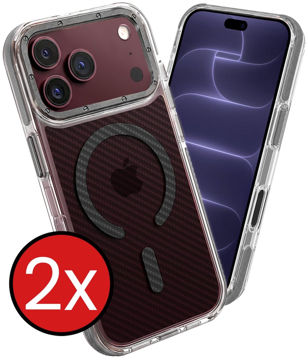 Hoesje - 2 Stuks - Geschikt voor Apple iPhone 18 Pro Max - Magsafe Compatible - Carbon Look - Sterk & Shockproof - Shock Proof Case - Back Cover - Telefoon Hoes - Telefoonhoes - Grijs