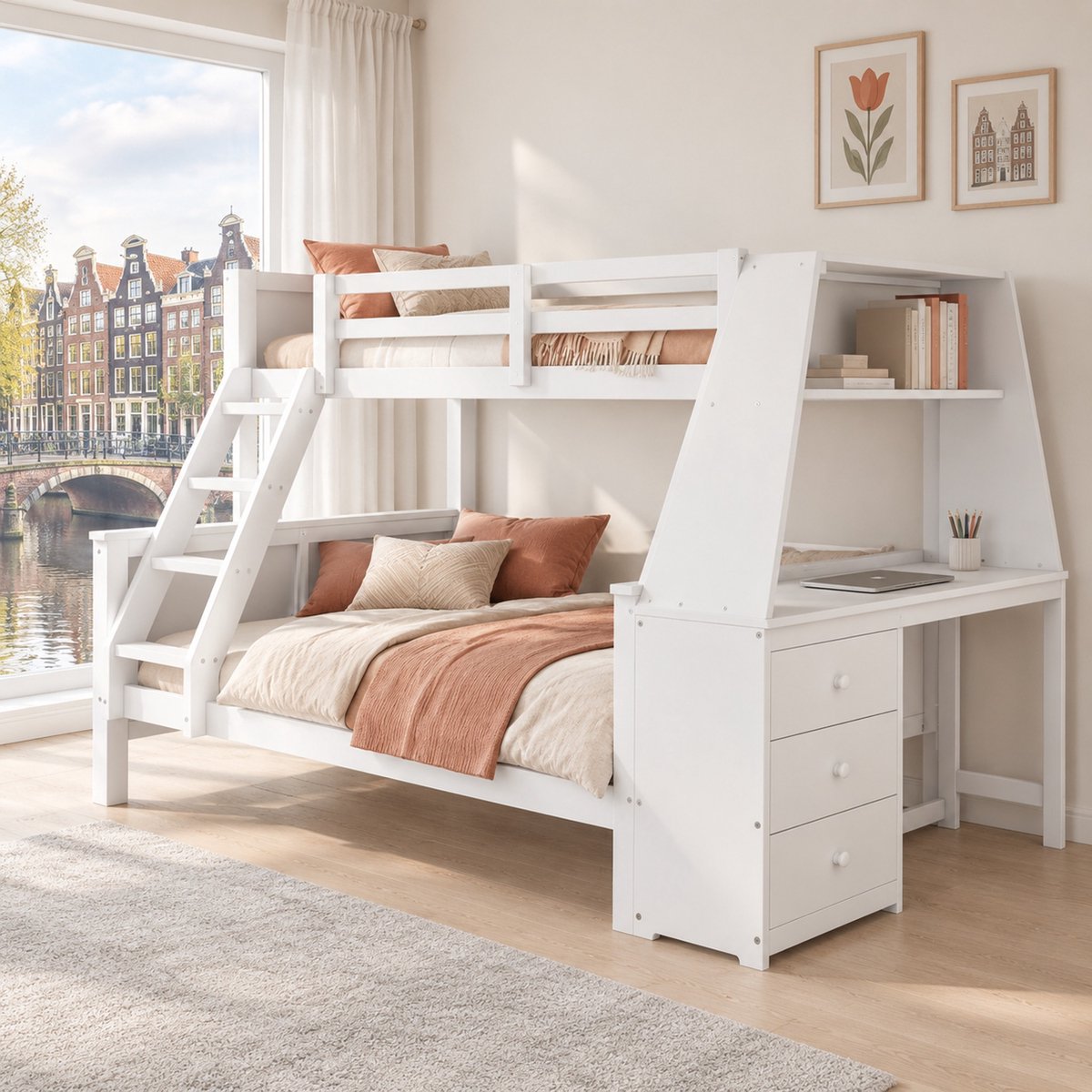 WUVRIE Stapelbed 90x200 en 140x200 cm met bureau, boekenkast, 3 lades en opbergruimte, wit