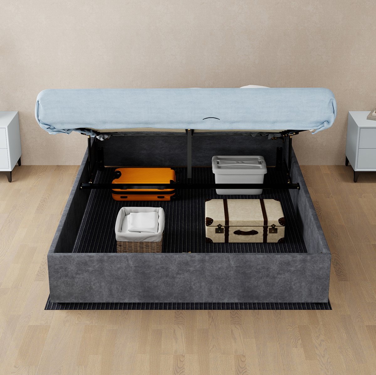WUVRIE Opbergbed 140x200 cm met gasveer en lattenbodem, grijs fluwelen bedframe zonder hoofdbord