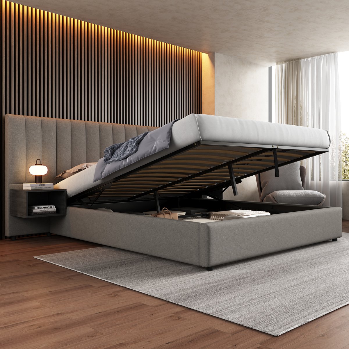 WUVRIE Gestoffeerd opbergbed 180x200 cm met hydraulische lift, lattenbodem en 2 nachtkastjes, grijs/zwart