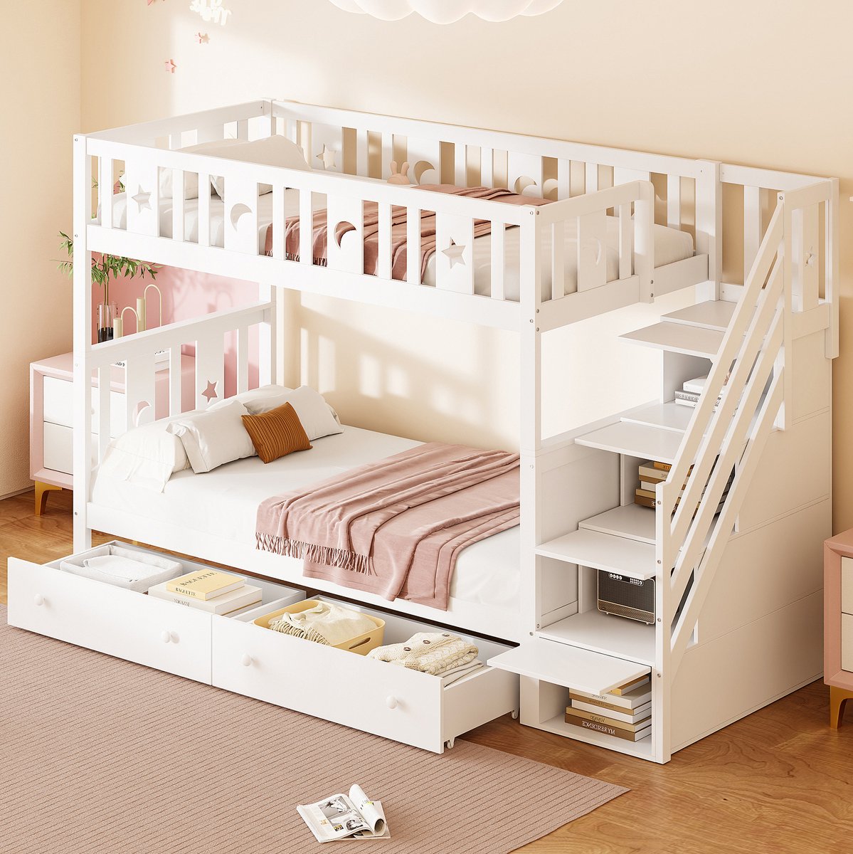 WUVRIE Stapelbed 90x200 cm met opbergtrap, 2 lades en lattenbodems, wit