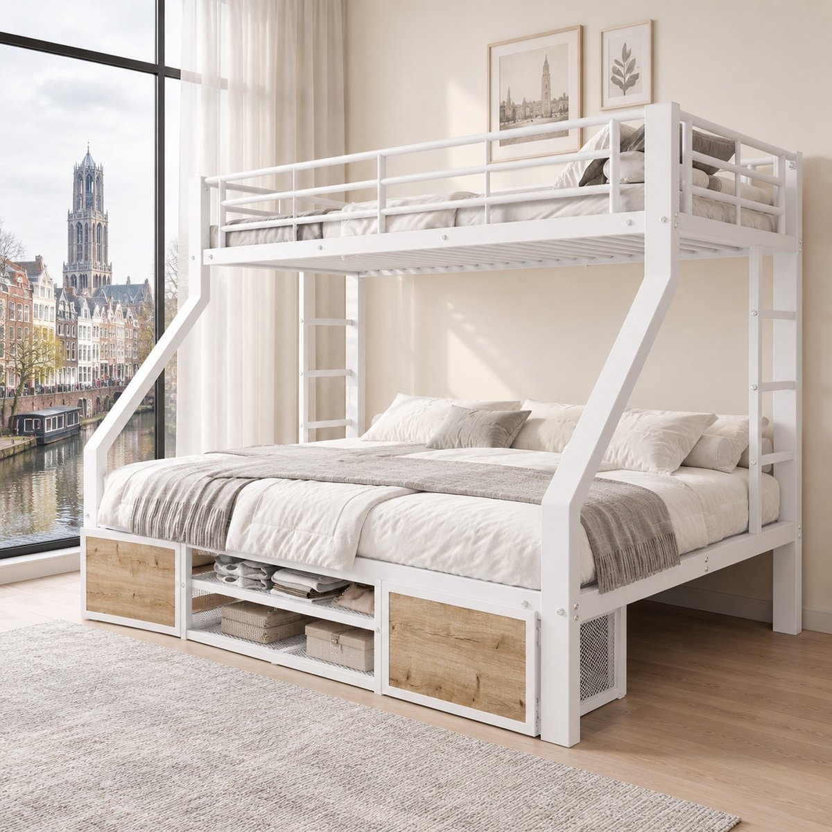 WUVRIE Stapelbed 90x200 en 140x200 cm met schoenenkast, opbergvakken, ladder en veiligheidshekken, wit