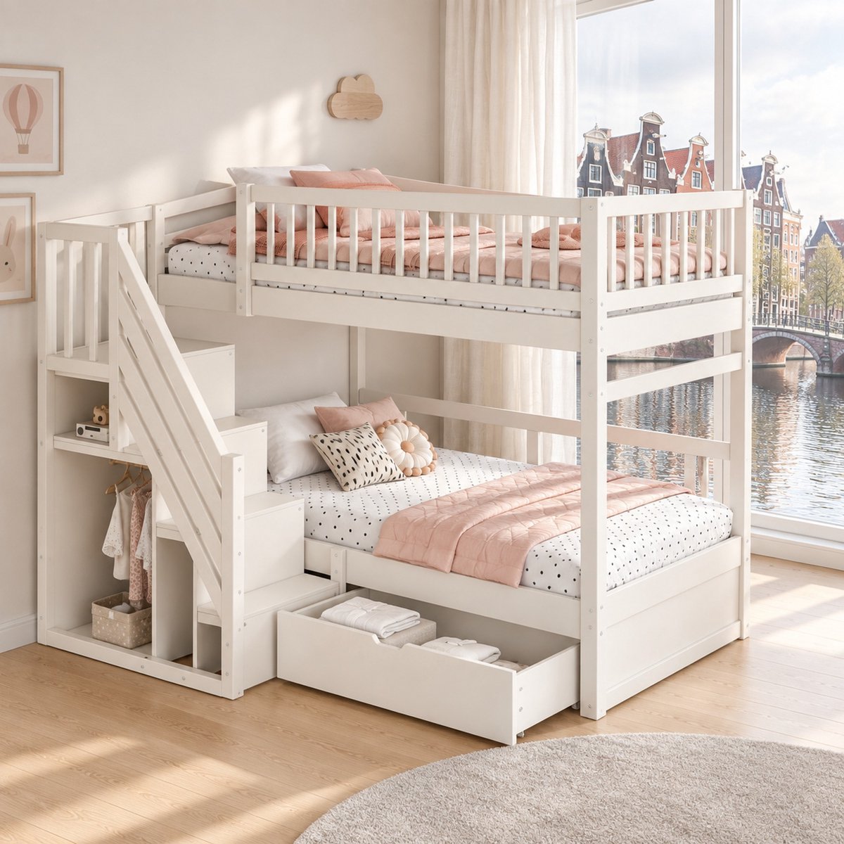 WUVRIE Stapelbed 90x200 cm met opbergtrap, bedlade, lattenbodems en hoge veiligheidshekken, wit