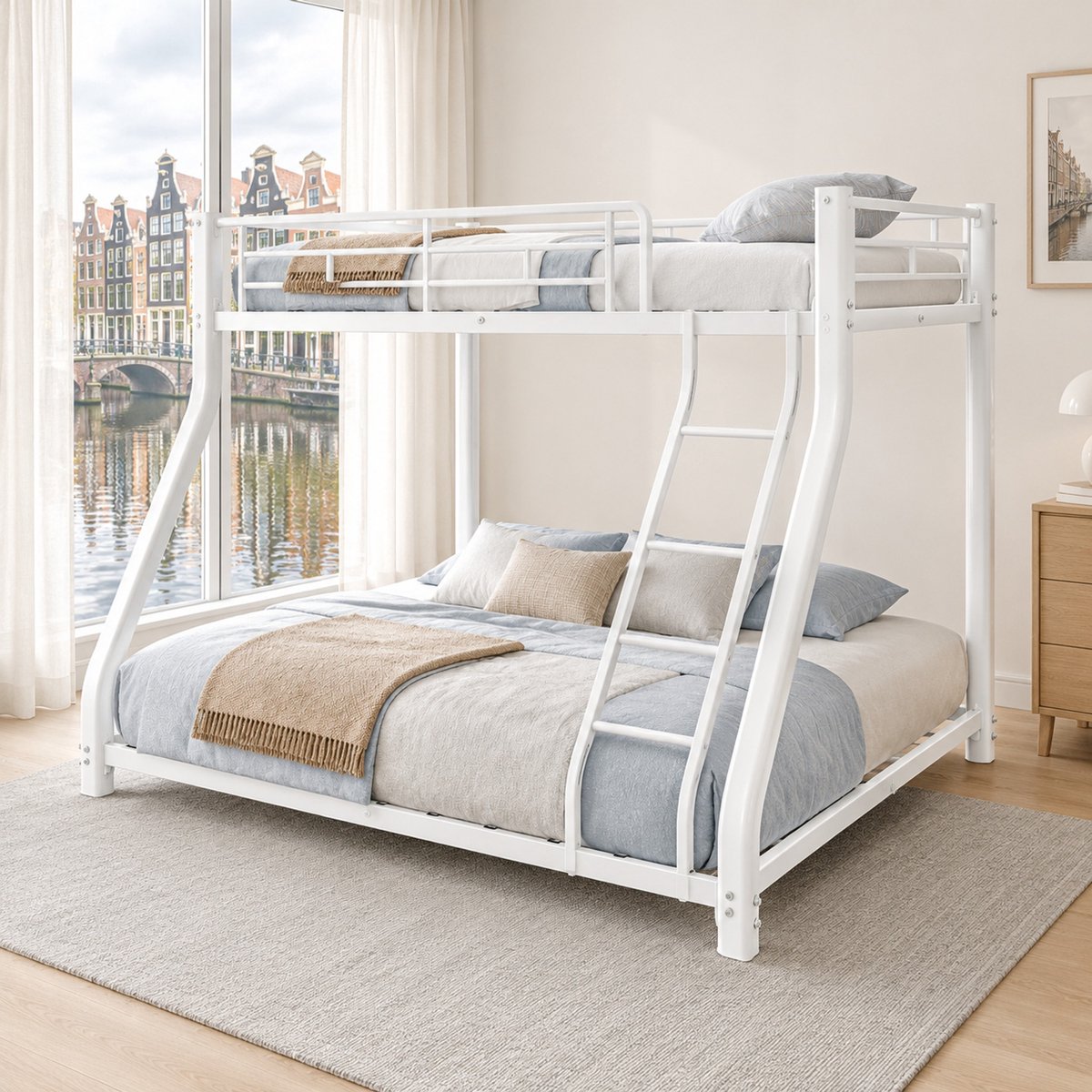 WUVRIE Metalen stapelbed 90x190 en 140x190 cm met ladder, uitvalbeveiliging en lattenbodem, wit