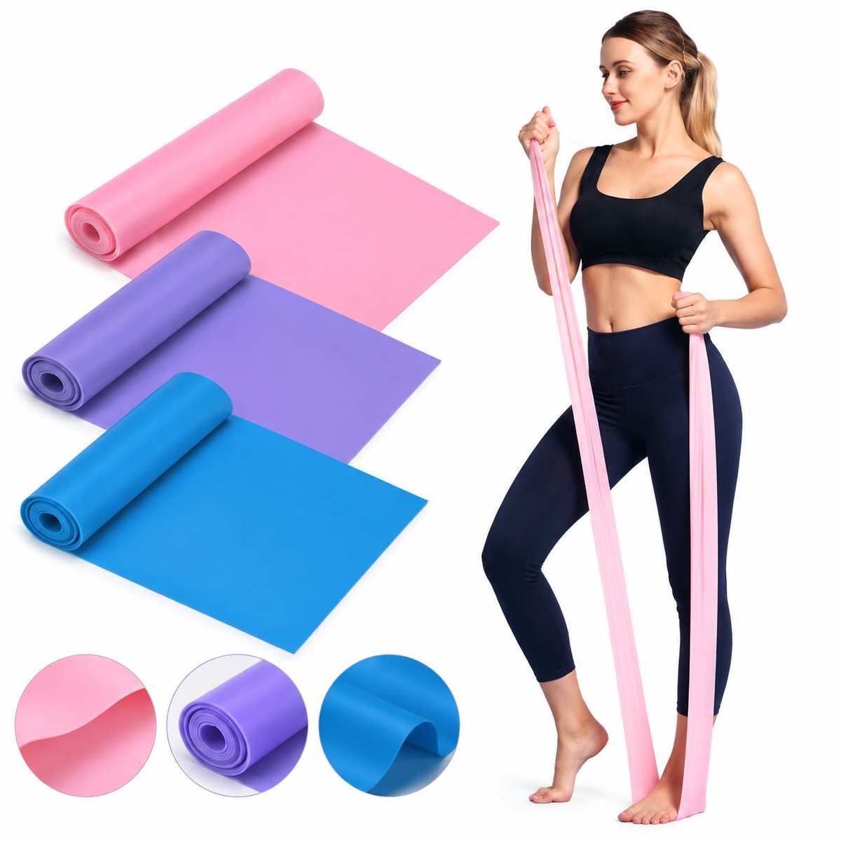 VHV - Oefenbanden - 3 stuks - 1,5 m - Weerstand band - Weerstandsbanden - Yoga band - Pilates band - thuis