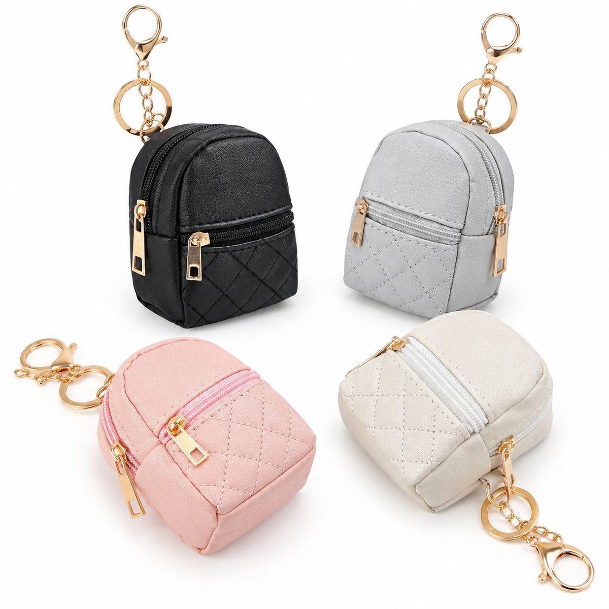VHV - Mini rugzak sleutelhangers - 4 stuks - Zwart, beige, roze, grijs - Sleutelhanger - Coin purse - Pu-leer, dubbele rits - tijdens het kamperen