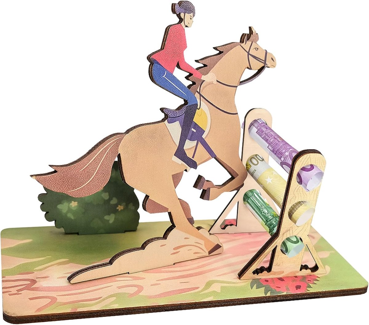 3D houten geldcadeaukaart met springpaard motief - handgemaakte geldkaart voor ruiters en paardenvrienden, cadeau-idee voor verjaardag, Kerstmis en gelegenheid - decoratief ornament om geld te