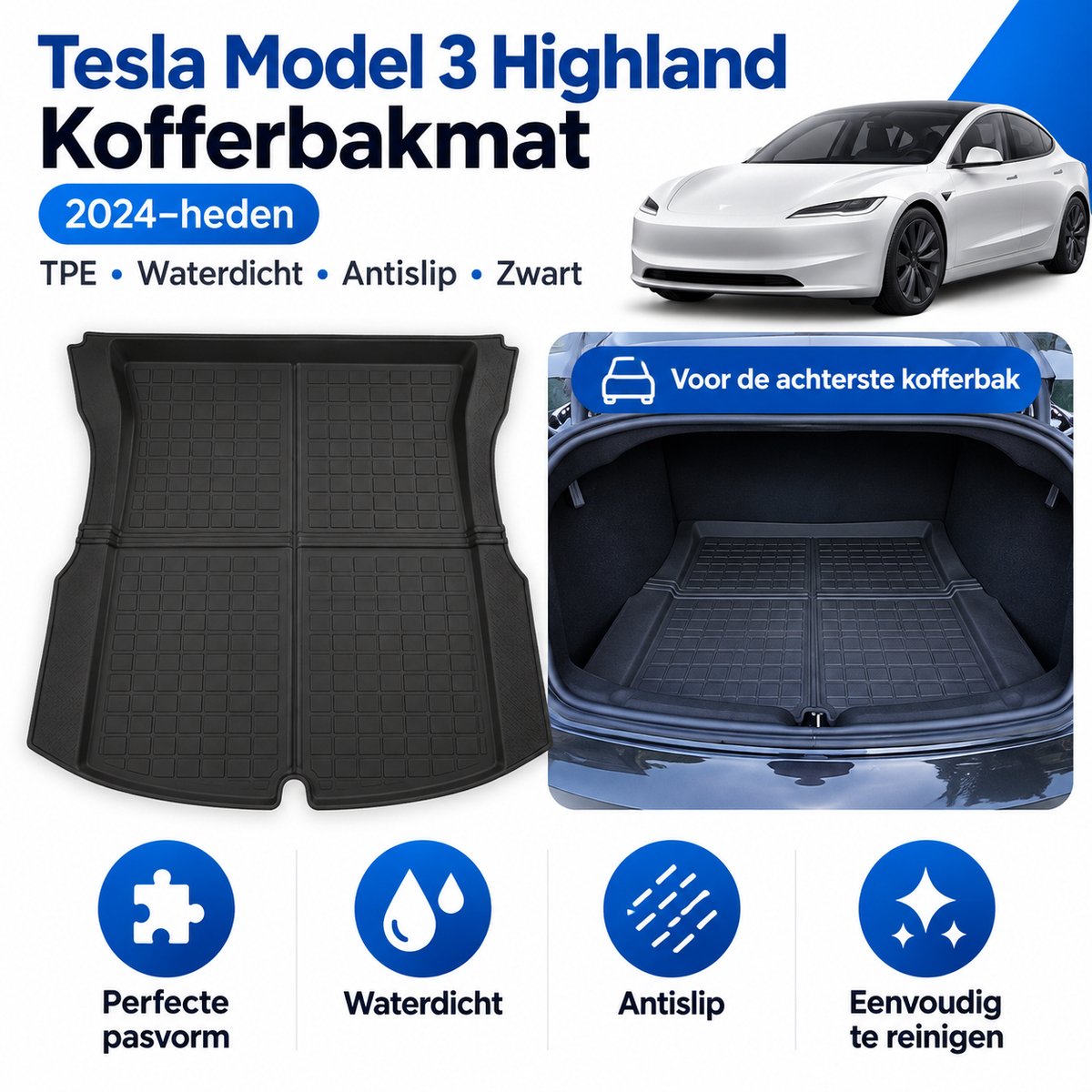 Tesla Model 3 Highland Kofferbakmat (2024–heden) TPE – Waterdicht & Antislip