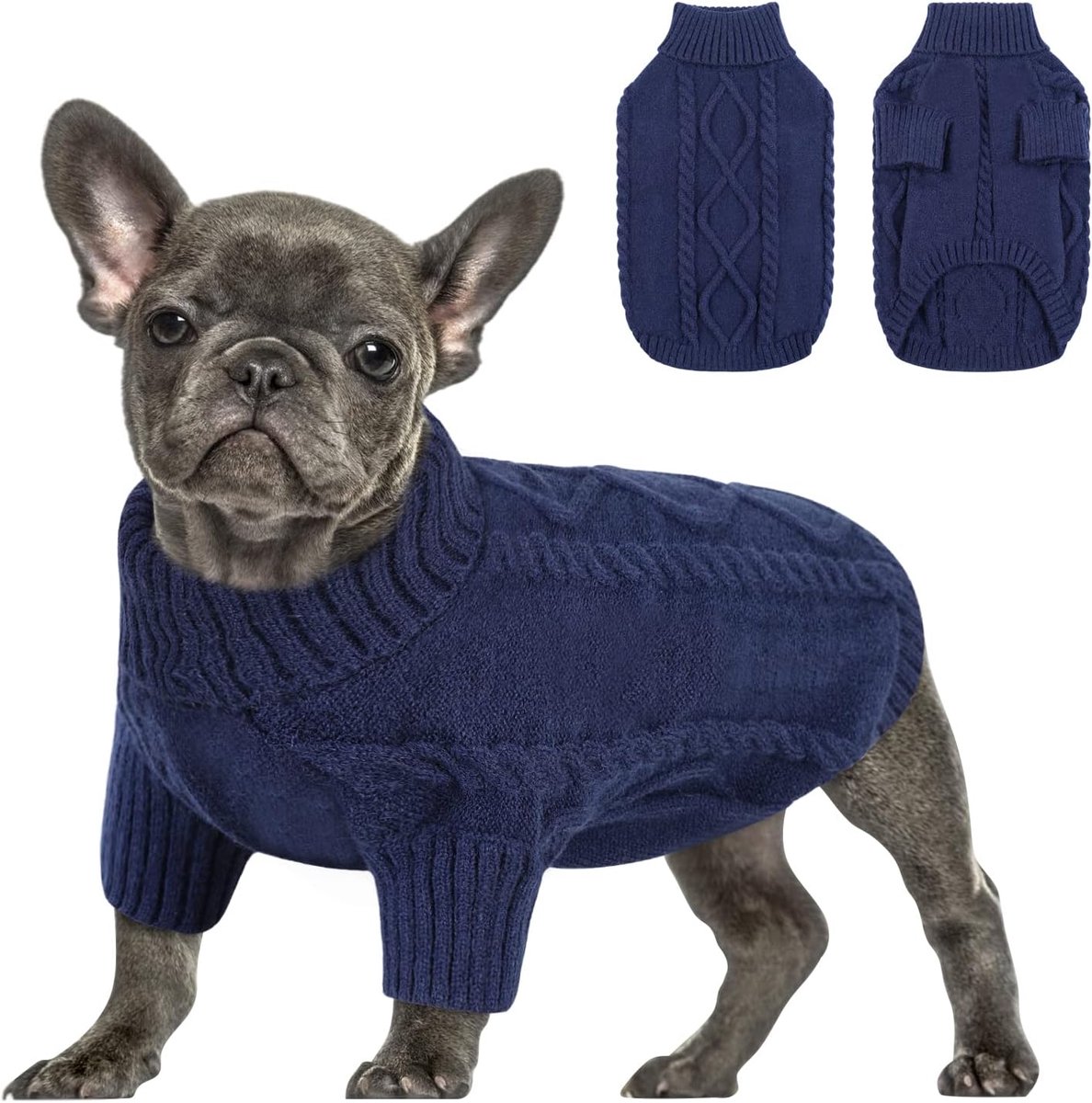 XS Hondentrui, gebreid, rolkraag, voor teckel, chihuahua, worsthond, bulldog en yorkie, marineblauw, XS