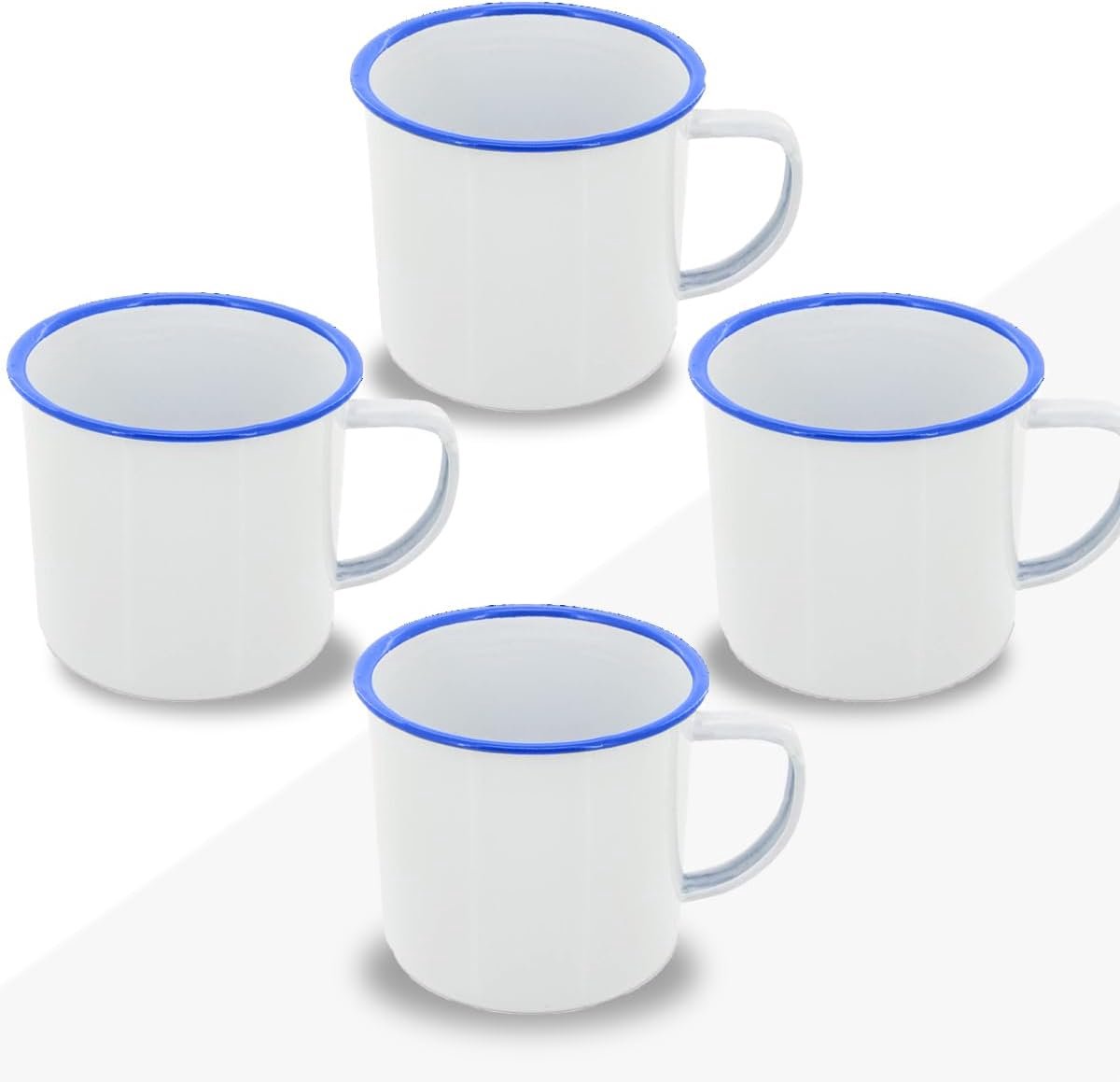 Set van 4 Retro Geëmailleerde Mokken van Metaal, in Meerkleurig Design | Robuuste Vintage Ontbijt met 380ml Inhoud | Originele Mokken voor Koffie, Thee (Wit met Blauw, 4)