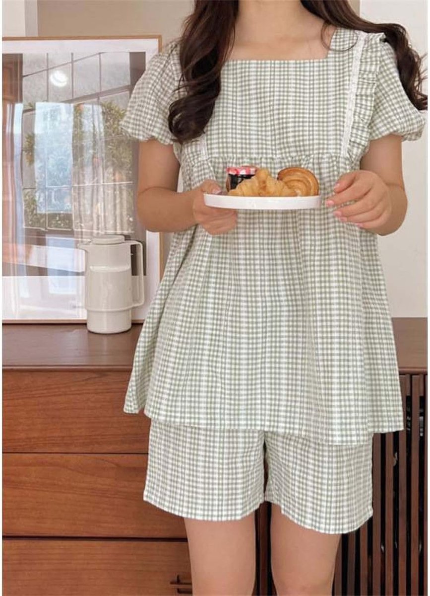 Pyjamaset Met Vierkante Kraag - Zomergaren Katoen Geruit Kant Japans Zoet Schattig Nachtkleding Heerlijk Homewear,Minimalistisch Eenvoudige Tender-Versie Lounge Stijlvol Slaapshirt Zusters